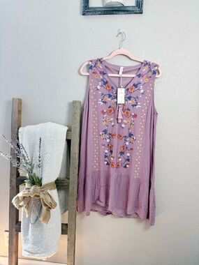 Love Embroidered Sleeveless Tunic - Mauve with Multicolor Floral